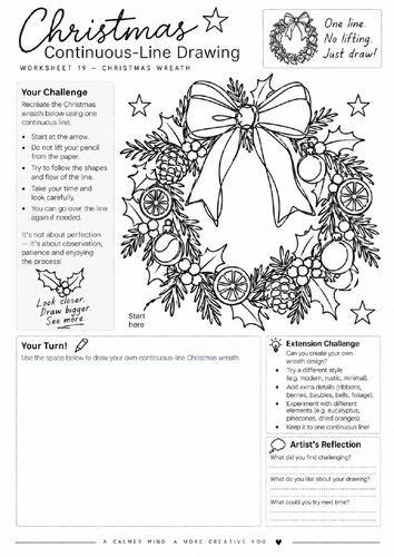 Detailed Christmas Wreath Continuous Line Drawing Worksheet | Art | KS3 KS4