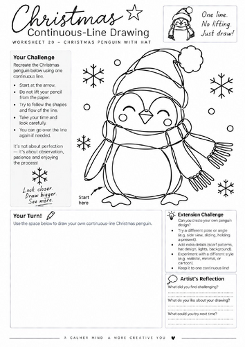 Christmas Penguin Continuous Line Drawing Worksheet | Festive Art | KS3 KS4
