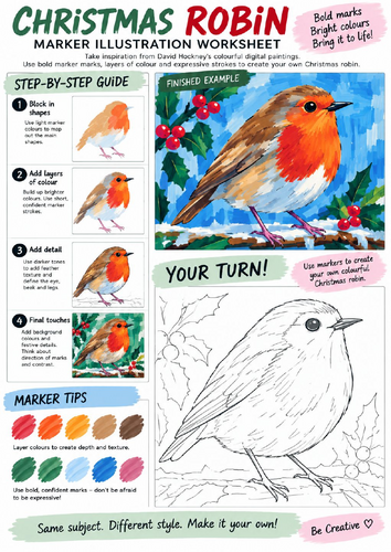 Christmas Robin Art Worksheet | Marker Illustration | Step-by-Step Drawing | KS3 KS4