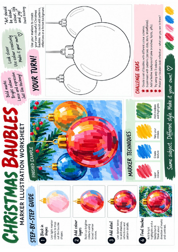 Christmas Baubles Art Worksheet | Marker Pen Colouring & Shading | KS3 KS4