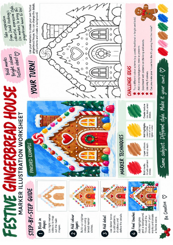 Gingerbread House Christmas Art Worksheet | Marker Illustration | KS3 KS4