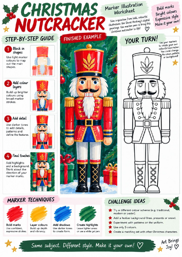 Christmas Nutcracker Art Worksheet | Step-by-Step Marker Illustration | KS3 KS4
