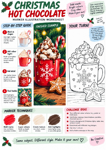Christmas Hot Chocolate Art Worksheet | Marker Pen Illustration & Colouring | KS3 KS4