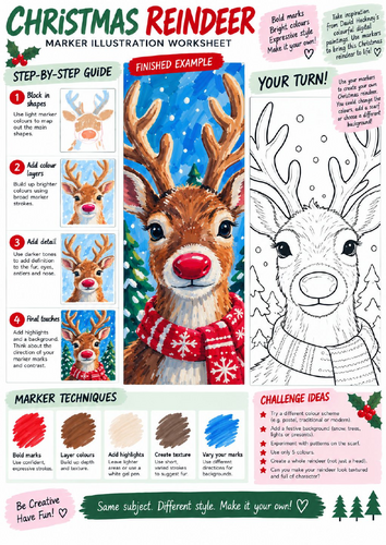 Christmas Reindeer Art Worksheet | Festive Marker Illustration | KS3 KS4