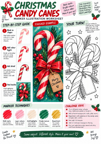 Christmas Candy Canes Art Worksheet | Marker Pen Shading & Illustration | KS3 KS4