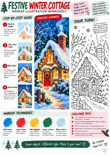 Winter Cottage Christmas Art Worksheet | Marker Illustration & Shading | KS3 KS4