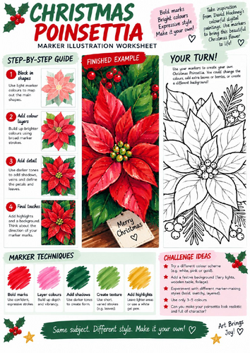 Christmas Poinsettia Art Worksheet | Botanical Marker Illustration | KS3 KS4