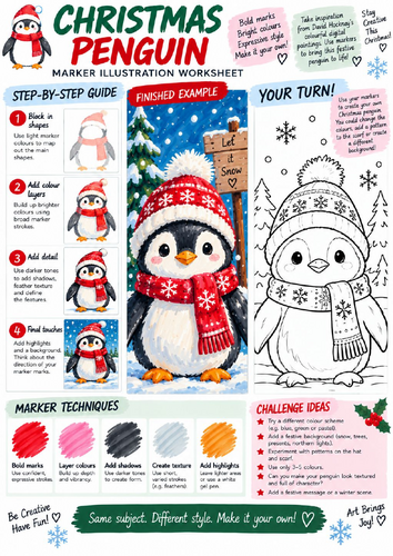 Christmas Penguin Art Worksheet | Festive Marker Illustration & Colouring | KS3 KS4