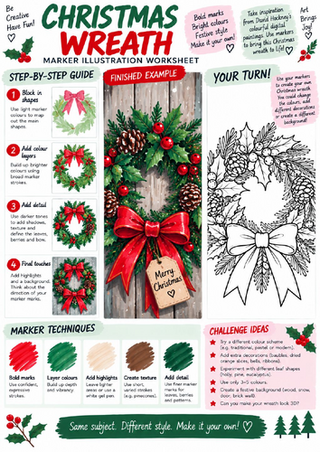 Christmas Wreath Art Worksheet | Festive Botanical Marker Illustration | KS3 KS4