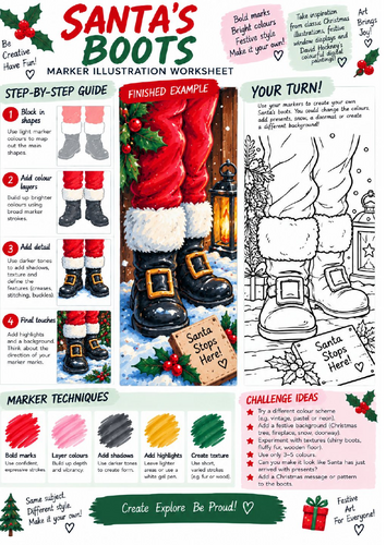 Santa's Boots Christmas Art Worksheet | Marker Illustration & Shading | KS3 KS4