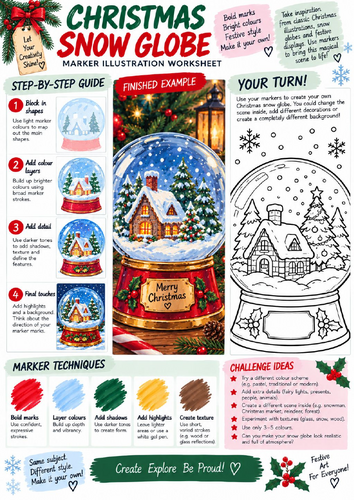 Christmas Snow Globe Art Worksheet | Marker Illustration & Colouring | KS3 KS4