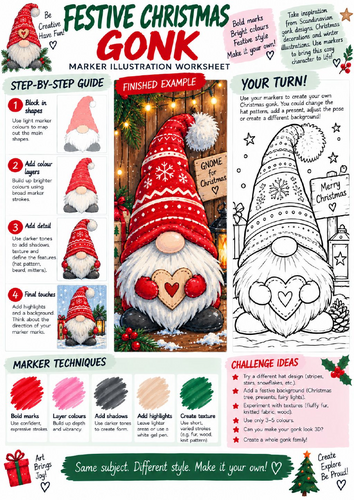 Christmas Gonk Art Worksheet | Festive Character Marker Illustration | KS3 KS4