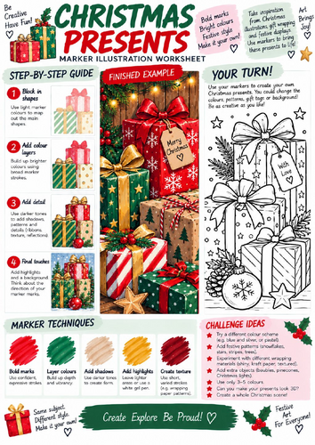 Christmas Presents Art Worksheet | Marker Pen Colouring, Shading & Pattern | KS3 KS4