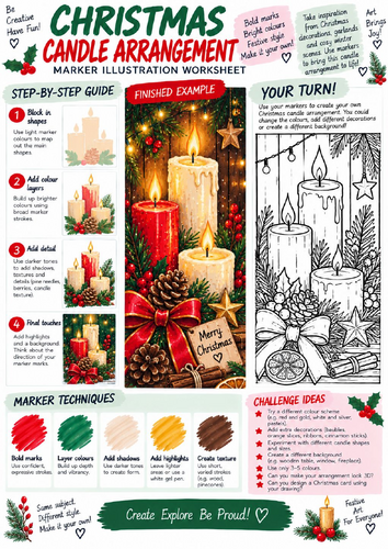 Christmas Candle Arrangement Art Worksheet | Festive Marker Illustration | KS3 KS4