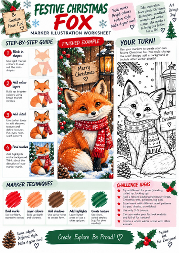 Christmas Fox Art Worksheet | Winter Animal Marker Illustration & Colouring | KS3 KS4