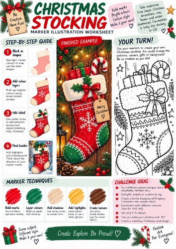 Christmas Stocking Art Worksheet | Festive Marker Illustration, Shading & Pattern | KS3 KS4