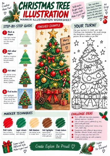 Christmas Tree Art Worksheet | Step-by-Step Marker Illustration & Colouring | KS3 KS4