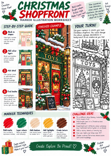 Christmas Shopfront Art Worksheet | Festive Marker Illustration & Drawing | KS3 KS4