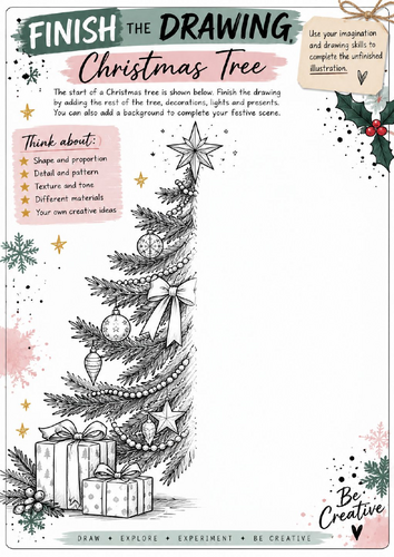 Christmas Tree Finish the Drawing Worksheet | Christmas Art Activity | KS3 KS4 Drawing Skills