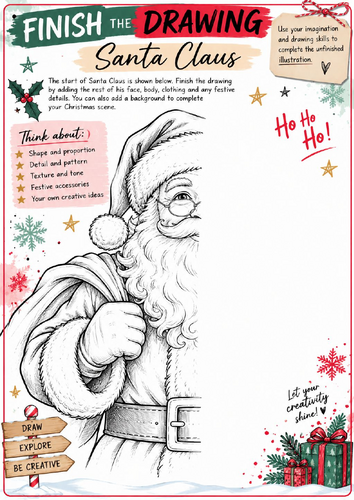 Santa Claus Finish the Drawing Worksheet | Christmas Art Activity | KS3 KS4 Festive Drawing