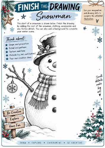 Snowman Finish the Drawing Worksheet | Christmas Art Activity | KS3 KS4 Winter Drawing
