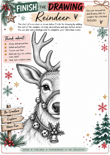 Christmas Reindeer Finish the Drawing Worksheet | KS3 KS4 Art Activity | Festive Drawing