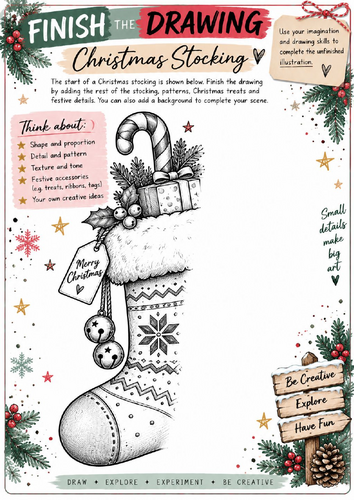 Christmas Stocking Finish the Drawing Worksheet | KS3 KS4 Art | Festive Drawing Activity