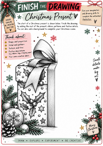 Christmas Present Finish the Drawing Worksheet | KS3 KS4 Art | Festive Gift Drawing Activity