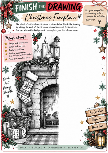 Christmas Fireplace Finish the Drawing Worksheet | KS3 KS4 Art | Festive Interior Drawing