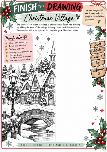 Christmas Village Finish the Drawing Worksheet | KS3 KS4 Art | Winter Landscape Drawing