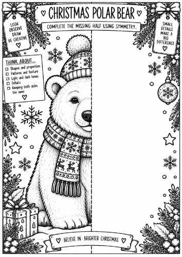Christmas Polar Bear Symmetry Drawing Worksheet | Winter Art Activity | KS3 KS4