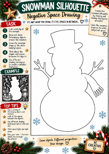 Snowman Silhouette Negative Space Drawing Worksheet | Christmas Art KS3 KS4