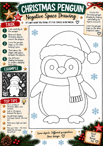 Christmas Penguin Negative Space Drawing Worksheet | Festive Art Activity KS3 KS4