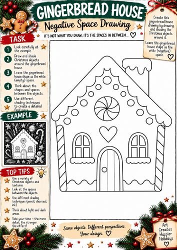Gingerbread House Negative Space Drawing Worksheet | Christmas Art KS3 KS4