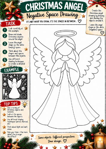 Christmas Angel Negative Space Drawing Worksheet | Festive Art Activity KS3 KS4