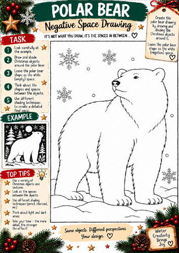 Polar Bear Negative Space Drawing Worksheet | Winter Christmas Art KS3 KS4