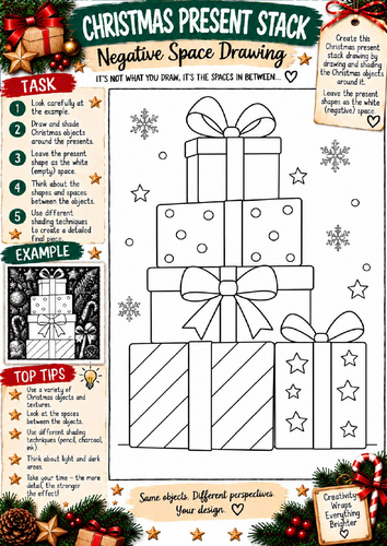 Christmas Presents Negative Space Drawing Worksheet | Festive Art KS3 KS4