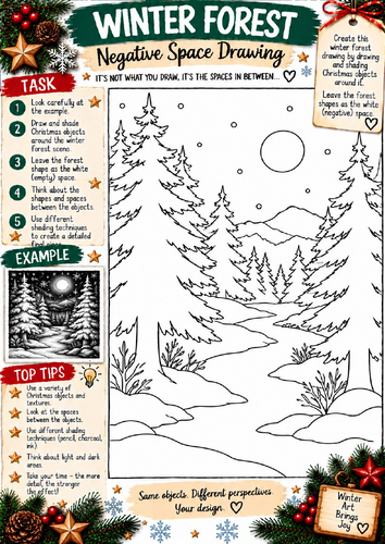 Winter Forest Negative Space Drawing Worksheet | Christmas Landscape Art KS3 KS4