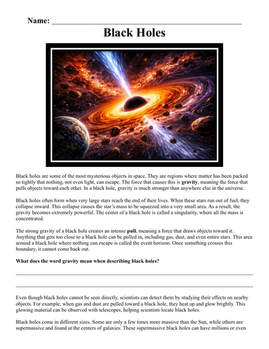 Black Holes Worksheet "Chunked"