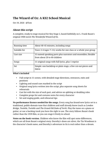 Wizard of Oz KS2 Musical Script and Songs