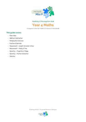 Year 4 Maths Vocabulary and Misconceptions Guide
