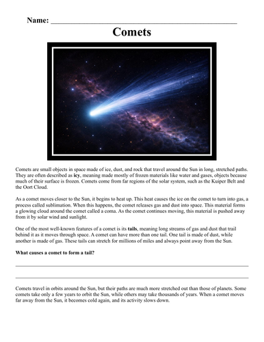 Comets Worksheet "Chunked"