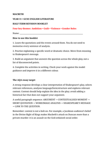 Macbeth Key Themes Revision booklet | Teaching Resources