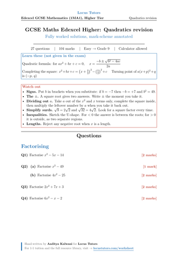 Quadratics Revision | 27 Worked Examples | Edexcel GCSE Higher Maths