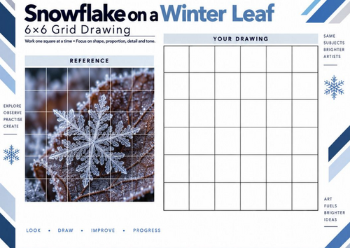 Snowflake on Leaf Grid Drawing Worksheet | Winter Art | KS3 KS4