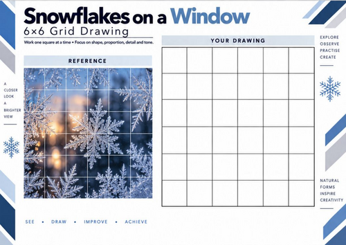 Snowflakes on Window Grid Drawing Worksheet | Winter Art KS3 KS4