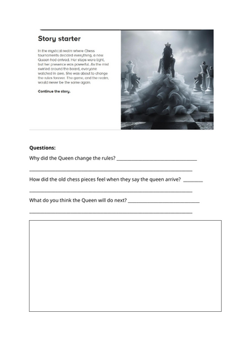 Pobble the queen speaking, listening, and creative writing prompt sheet