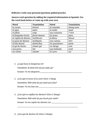 Reflexive verbs easy personal questions guided practice