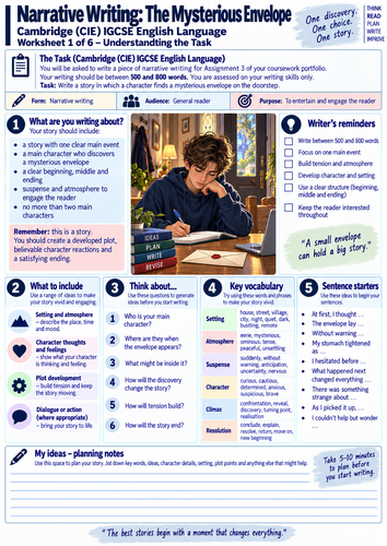 Cambridge IGCSE First Language English 0500/0990 | Narrative Writing Coursework | 6-Worksheet Pack