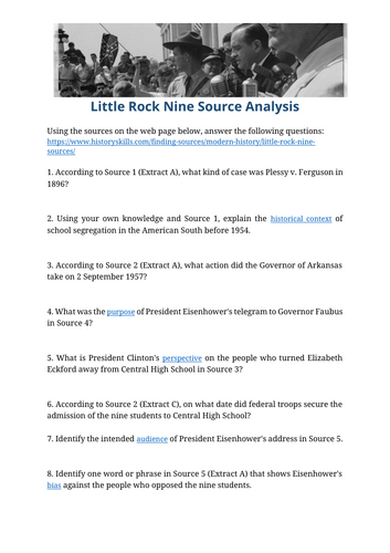 Little Rock Nine Source Analysis Worksheet | Teaching Resources